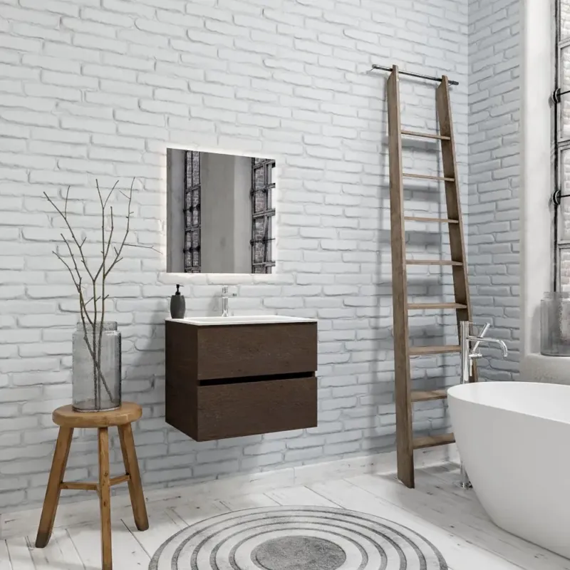 Beste Prijs Zaro Valencia Solid Surface badkamermeubel 60cm donker eiken 1 kraangat met 2 lades