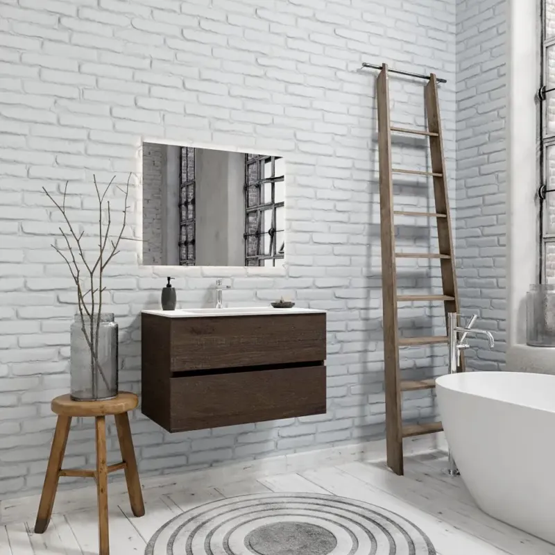 Zaro Valencia Solid Surface badkamermeubel 80cm donker eiken 1 kraangat met 2 lades Veilige Betaling