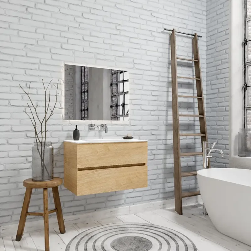 Zaro Valencia Solid Surface badkamermeubel 80cm licht eiken zonder kraangat met 2 lades Gratis Retour