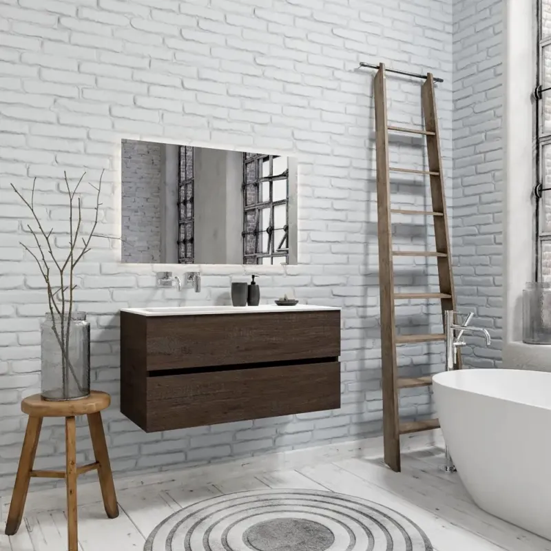 Zaro Valencia Solid Surface badmeubel 100cm donker eiken zonder kraangat spoelbak links met 2 lades Merkproduct