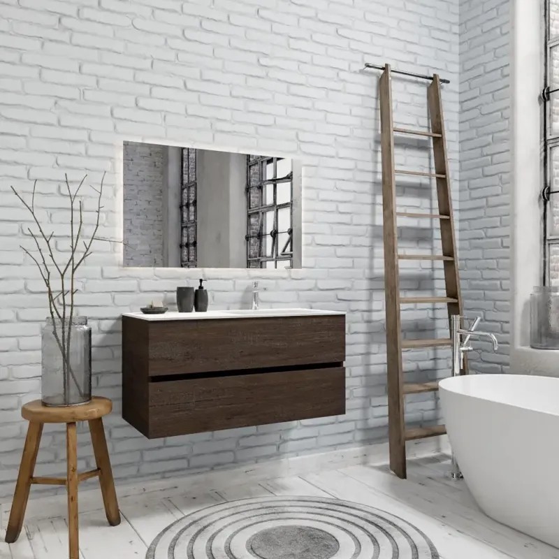 Zaro Valencia Solid Surface badmeubel 100cm donker eiken 1 kraangat spoelbak rechts met 2 lades Exclusieve Aanbieding