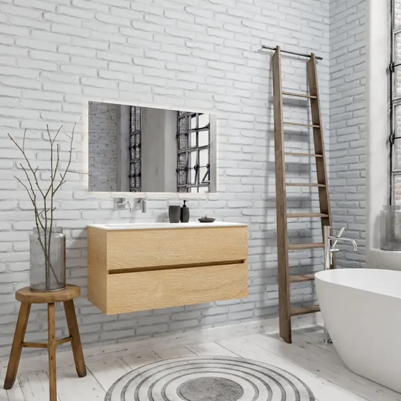 Zaro Valencia Solid Surface badmeubel 100cm licht eiken zonder kraangat spoelbak links met 2 lades Hoge Kwaliteit