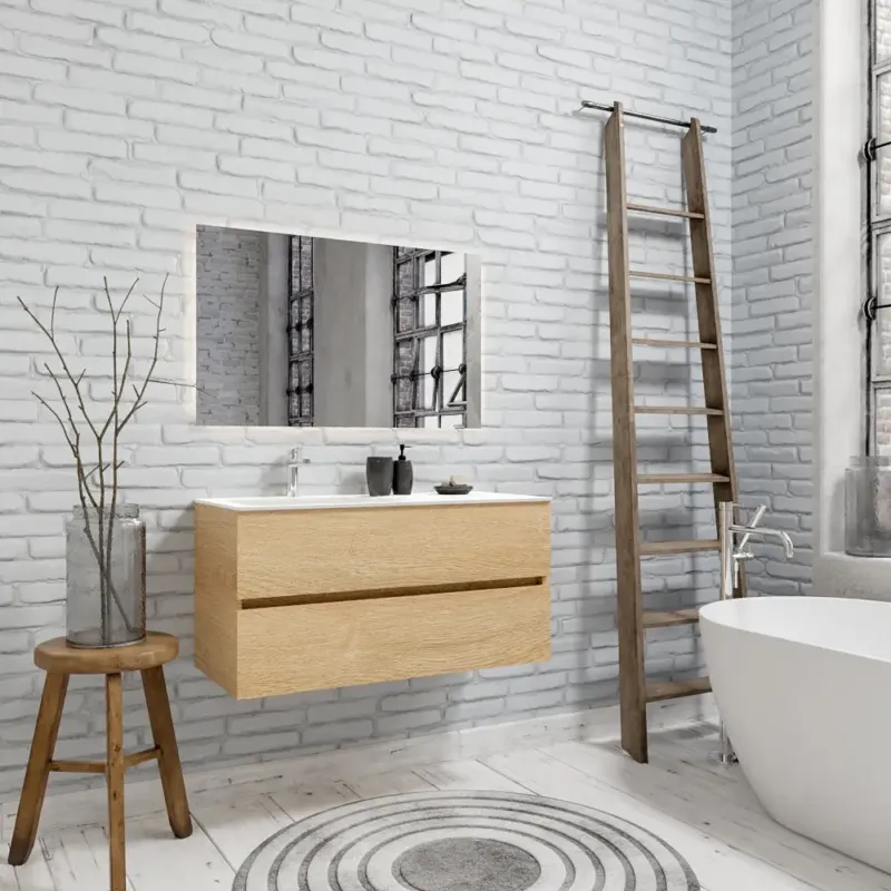 Zaro Valencia Solid Surface badmeubel 100cm licht eiken 1 kraangat spoelbak links met 2 lades Voordeelprijs