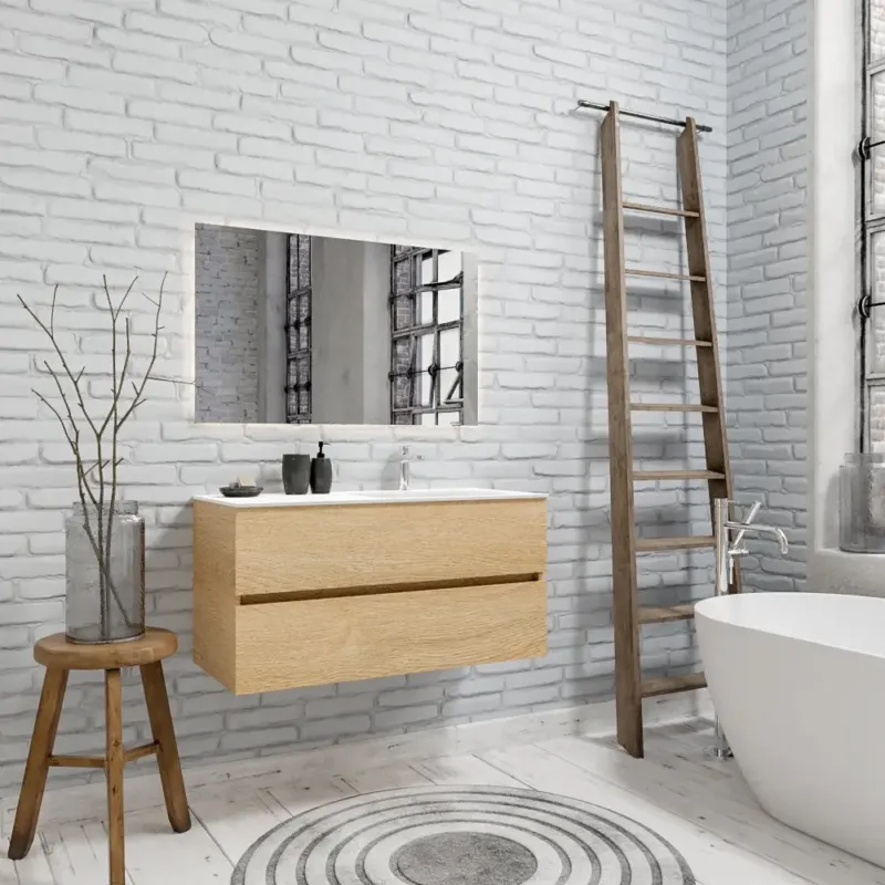 Zaro Valencia Solid Surface badmeubel 100cm licht eiken 1 kraangat spoelbak rechts met 2 lades Laatste Kans