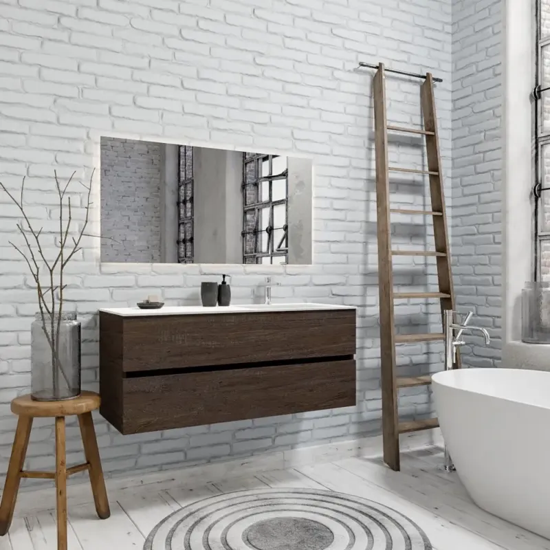 Zaro Valencia Solid Surface badmeubel 120cm donker eiken 1 kraangat spoelbak rechts met 2 lades Speciale Aanbieding
