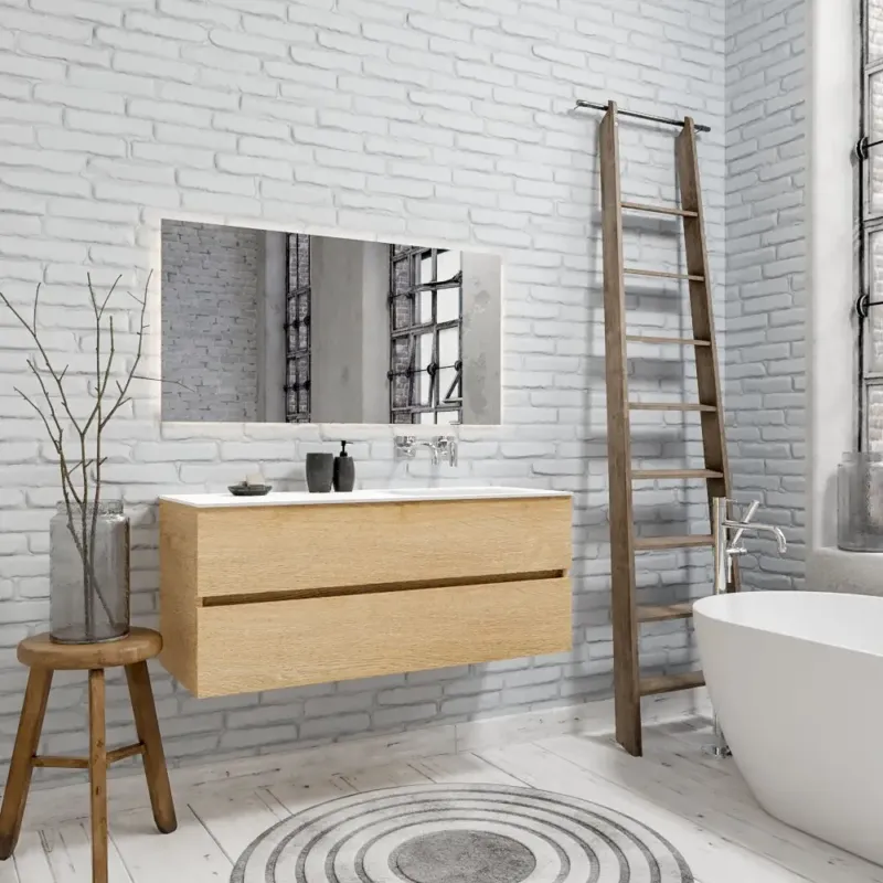 Zaro Valencia Solid Surface badmeubel 120cm licht eiken zonder kraangat spoelbak rechts met 2 lades Rechtstreeks Van De Fabrikant