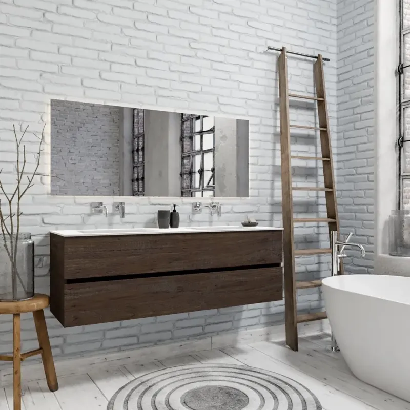 Zaro Valencia Solid Surface badmeubel 150cm donker eiken zonder kraangat dubbele spoelbak met 2 lades Exclusieve Aanbieding
