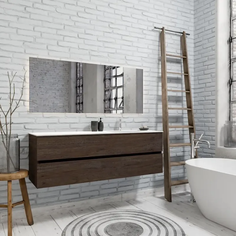 Zaro Valencia Solid Surface badmeubel 150cm donker eiken 1 kraangat spoelbak rechts met 2 lades Nu Kopen