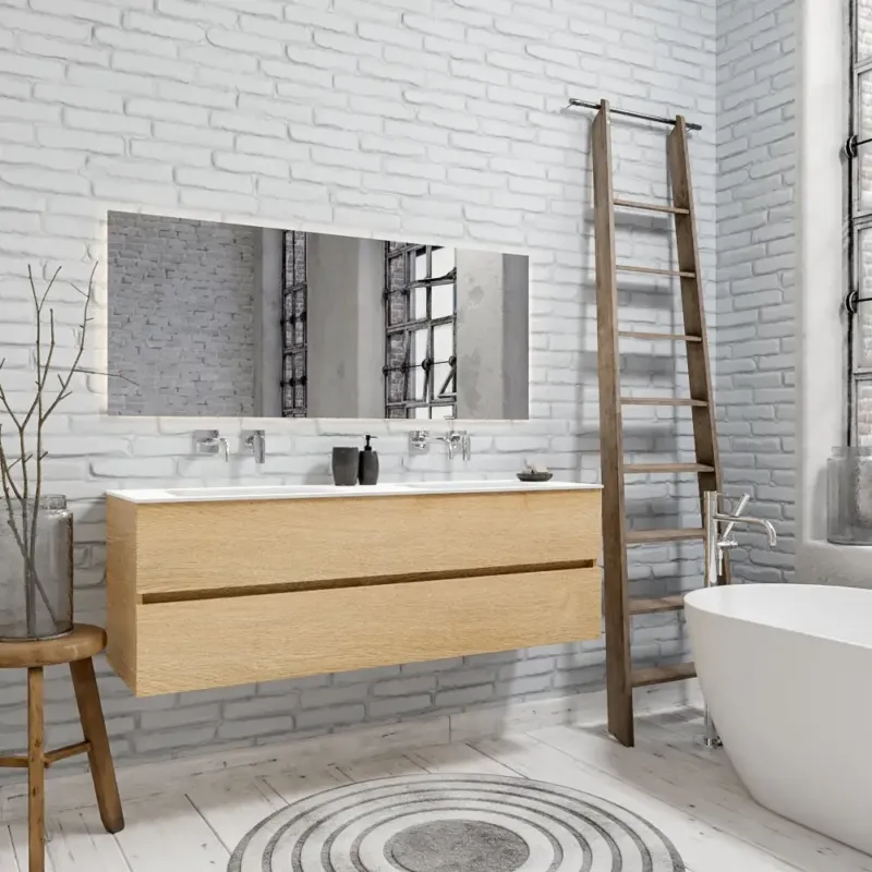 Zaro Valencia Solid Surface badmeubel 150cm licht eiken zonder kraangat dubbele spoelbak met 2 lades Gecertificeerd