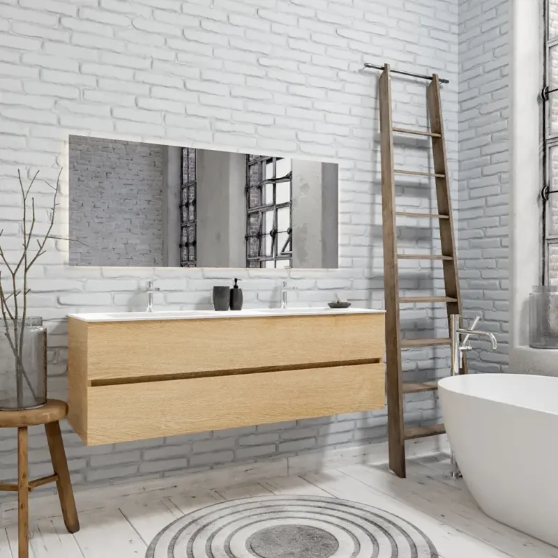 Zaro Valencia Solid Surface badmeubel 150cm licht eiken 2 kraangaten dubbele spoelbak met 2 lades Bestel Nu