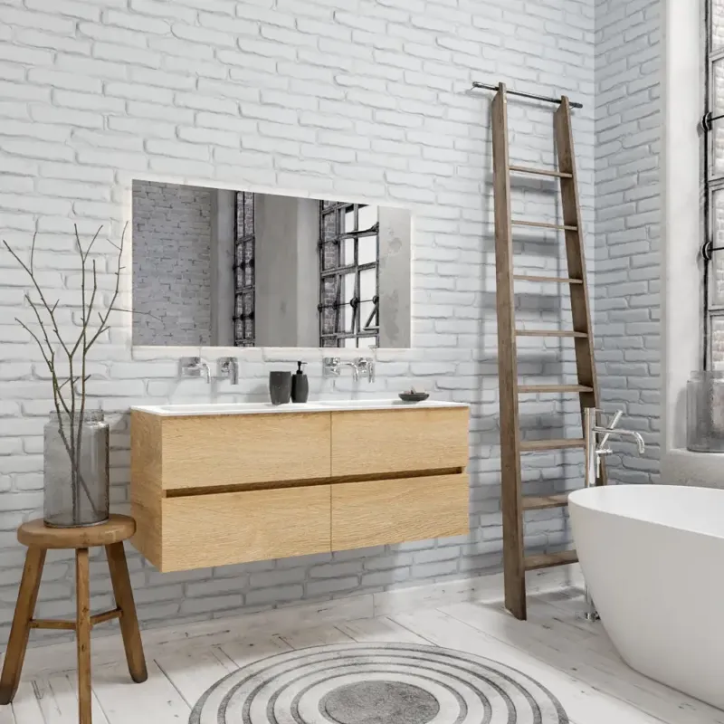 Zaro Valencia Solid Surface badmeubel 120cm licht eiken zonder kraangat dubbele spoelbak met 4 lades Beste Prijs