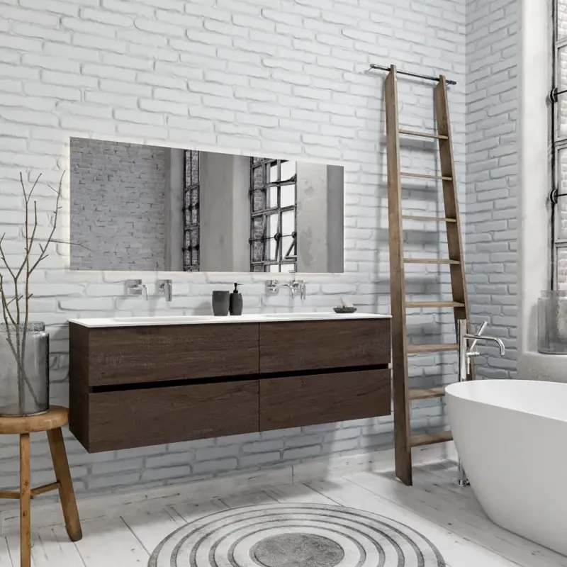 Zaro Sevilla Solid Surface badmeubel 150cm donker eiken zonder kraangat dubbele spoelbak met 4 lades Gereduceerde Prijs
