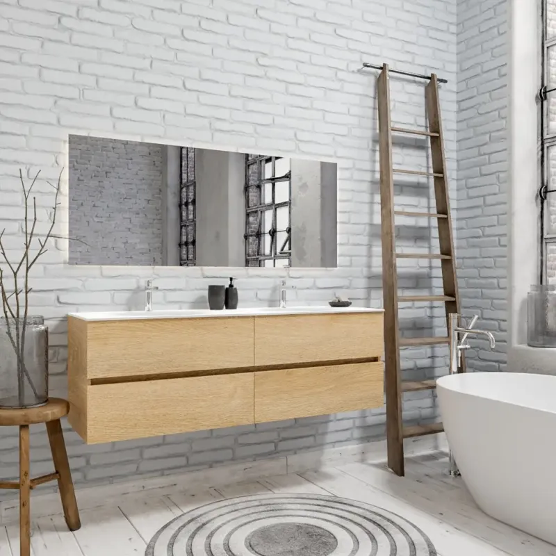 Zaro Sevilla Solid Surface badmeubel 150cm licht eiken 2 kraangaten dubbele spoelbak met 4 lades Betrouwbaar