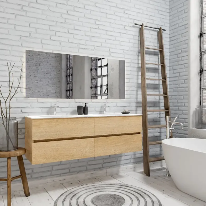 Zaro Valencia Solid Surface badmeubel 150cm licht eiken 2 kraangaten dubbele spoelbak met 4 lades Laatste Versie