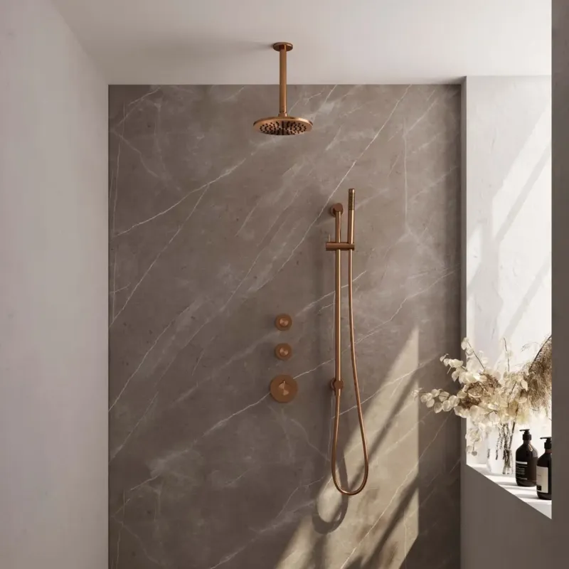 Korting Brauer Copper Edition complete inbouw regendouche met staafhanddouche, plafondarm, glijstang en hoofddouche 20cm set 17 koper geborsteld PVD
