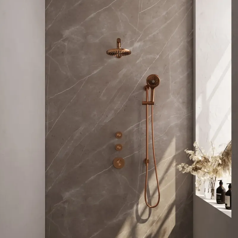 Brauer Copper Edition complete inbouw regendouche met 3 standen handdouche, rechte wandarm, glijstang en hoofddouche 20cm set 19 koper geborsteld PVD Premium