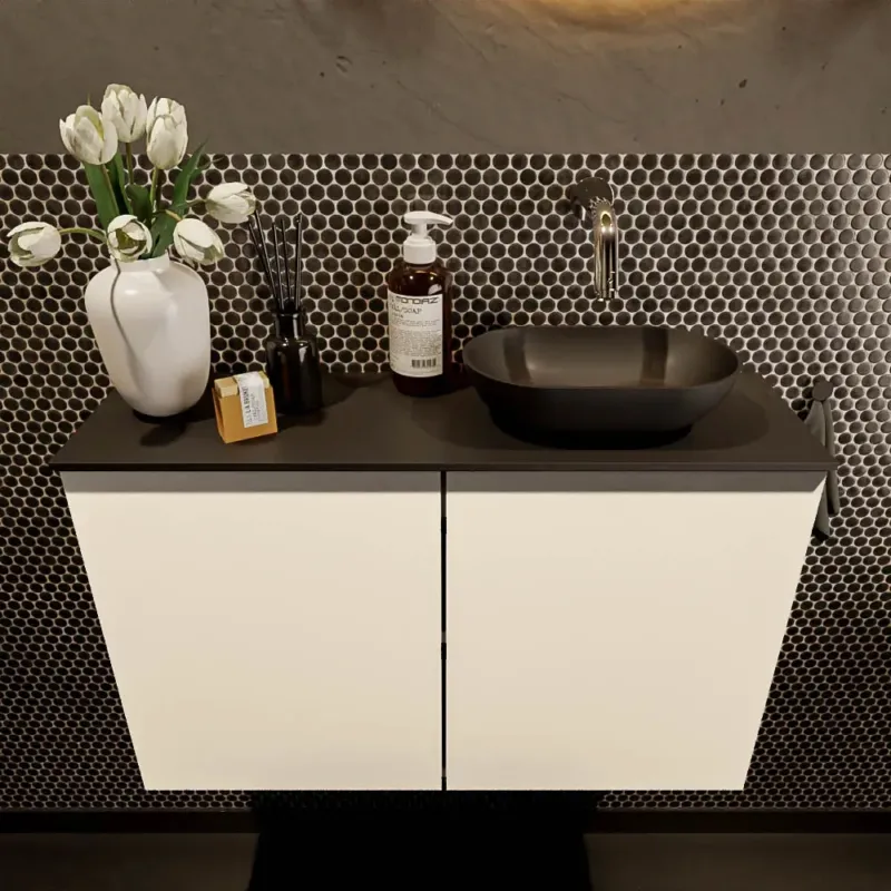 Mondiaz Fowy toiletmeubel 80cm talc met zwarte waskom rechts zonder kraangat Flitsaanbieding