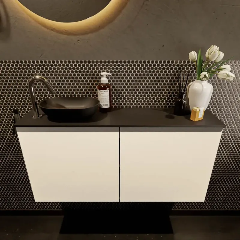 Op = Op Mondiaz Fowy toiletmeubel 100cm talc met zwarte waskom links en kraangat