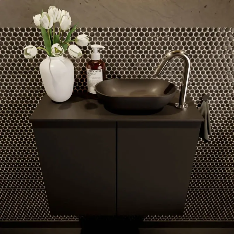 Mondiaz Fowy toiletmeubel 60cm urban met zwarte waskom rechts en kraangat Nieuw