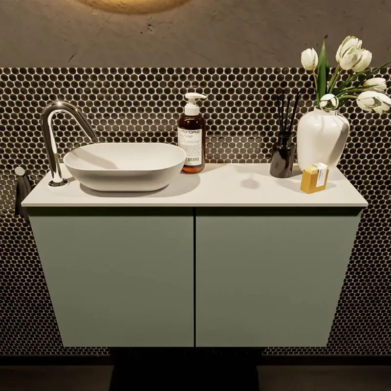 Mondiaz Fowy toiletmeubel 80cm army met witte waskom links en kraangat Dagaanbieding