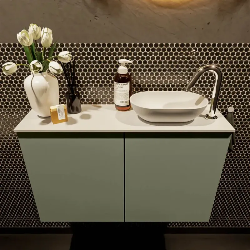 Aanbieding Mondiaz Fowy toiletmeubel 80cm army met witte waskom rechts en kraangat