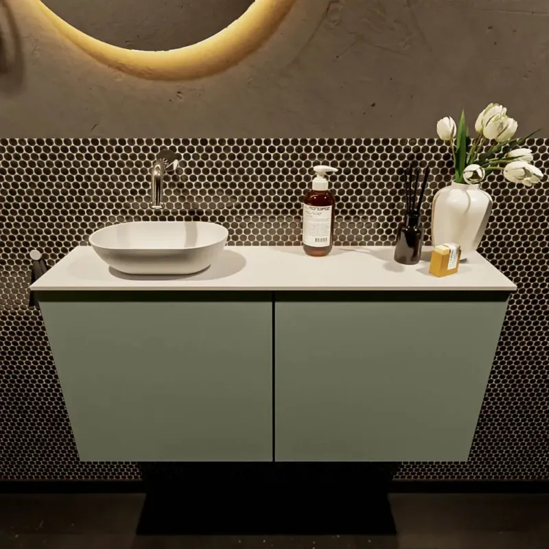 Mondiaz Fowy toiletmeubel 100cm army met witte waskom links zonder kraangat Favoriet