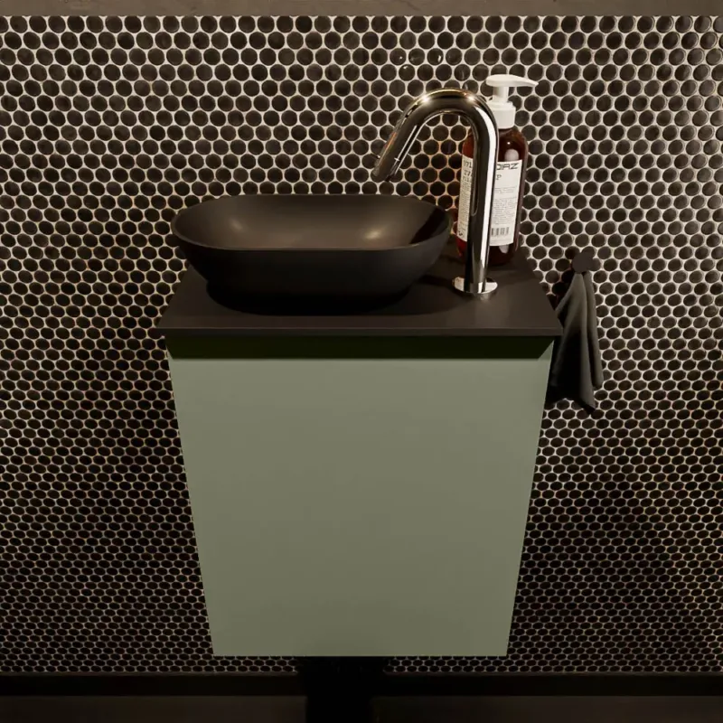 Superprijs Mondiaz Fowy toiletmeubel 40cm army met zwarte waskom links en kraangat