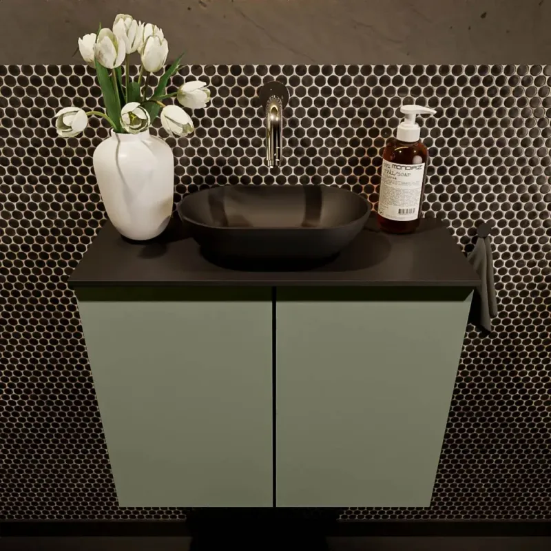 Seizoensaanbieding Mondiaz Fowy toiletmeubel 60cm army met zwarte waskom midden zonder kraangat