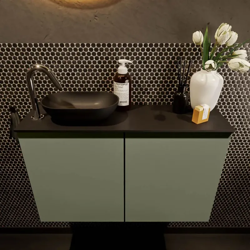 Uitverkoop Mondiaz Fowy toiletmeubel 80cm army met zwarte waskom links en kraangat