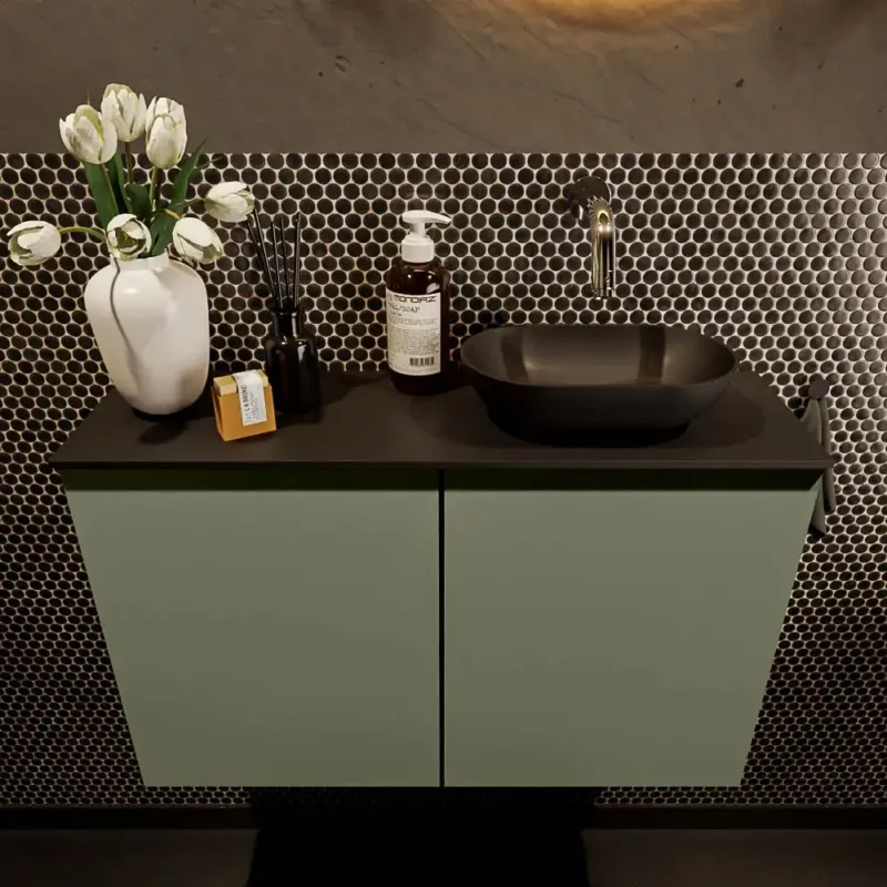 Uitverkoop Mondiaz Fowy toiletmeubel 80cm army met zwarte waskom rechts zonder kraangat