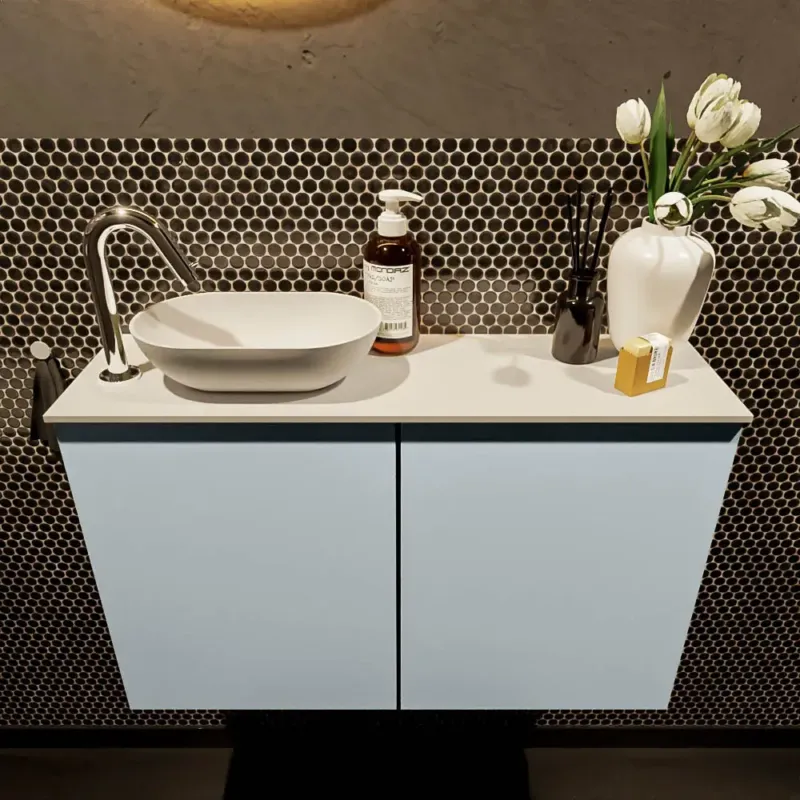 Superprijs Mondiaz Fowy toiletmeubel 80cm clay met witte waskom links en kraangat