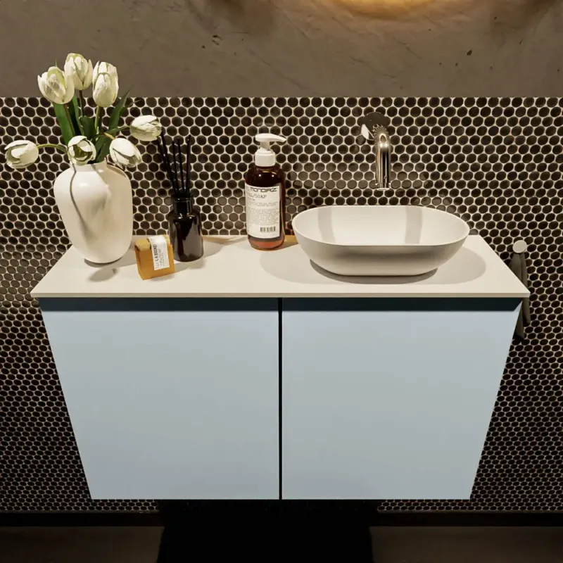 Superprijs Mondiaz Fowy toiletmeubel 80cm clay met witte waskom rechts zonder kraangat