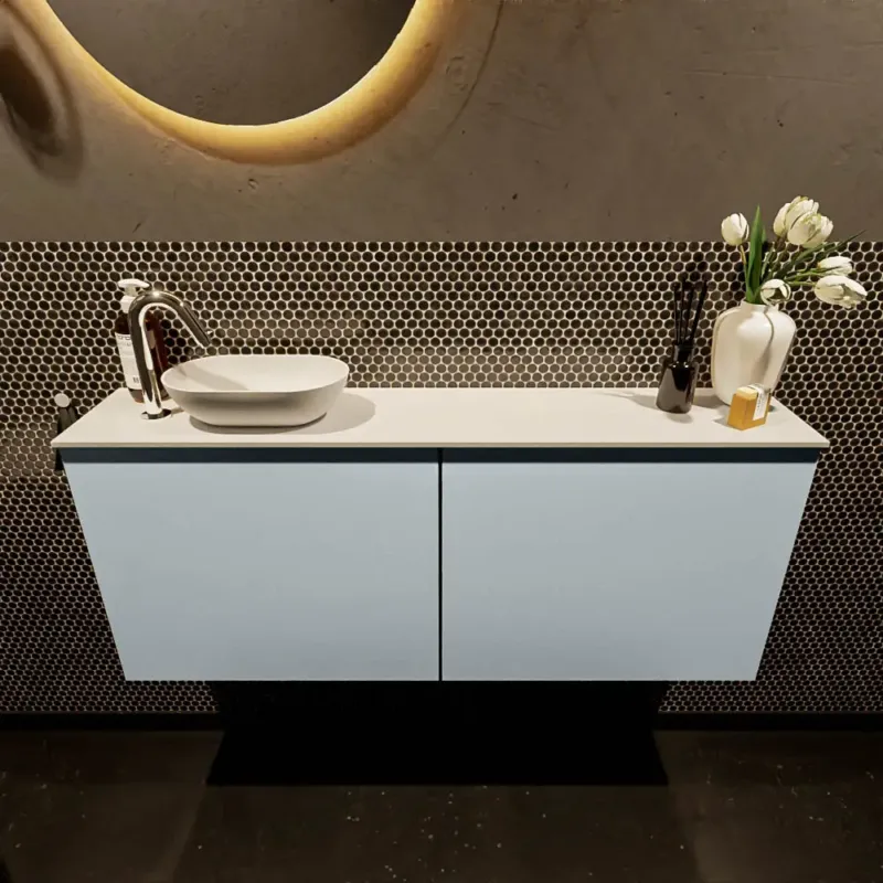 Snelle Levering Mondiaz Fowy toiletmeubel 120cm clay met witte waskom links en kraangat