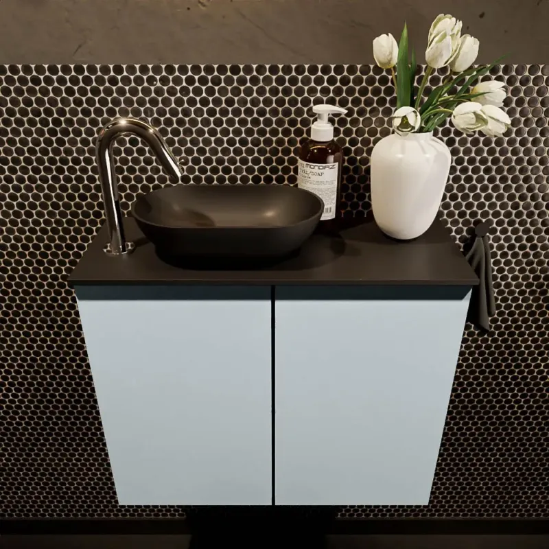 Veilige Betaling Mondiaz Fowy toiletmeubel 60cm clay met zwarte waskom links en kraangat