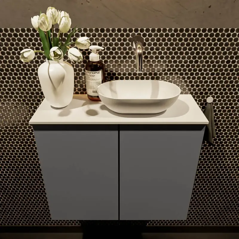 Uitverkoop Mondiaz Fowy toiletmeubel 60cm dark grey met witte waskom rechts zonder kraangat