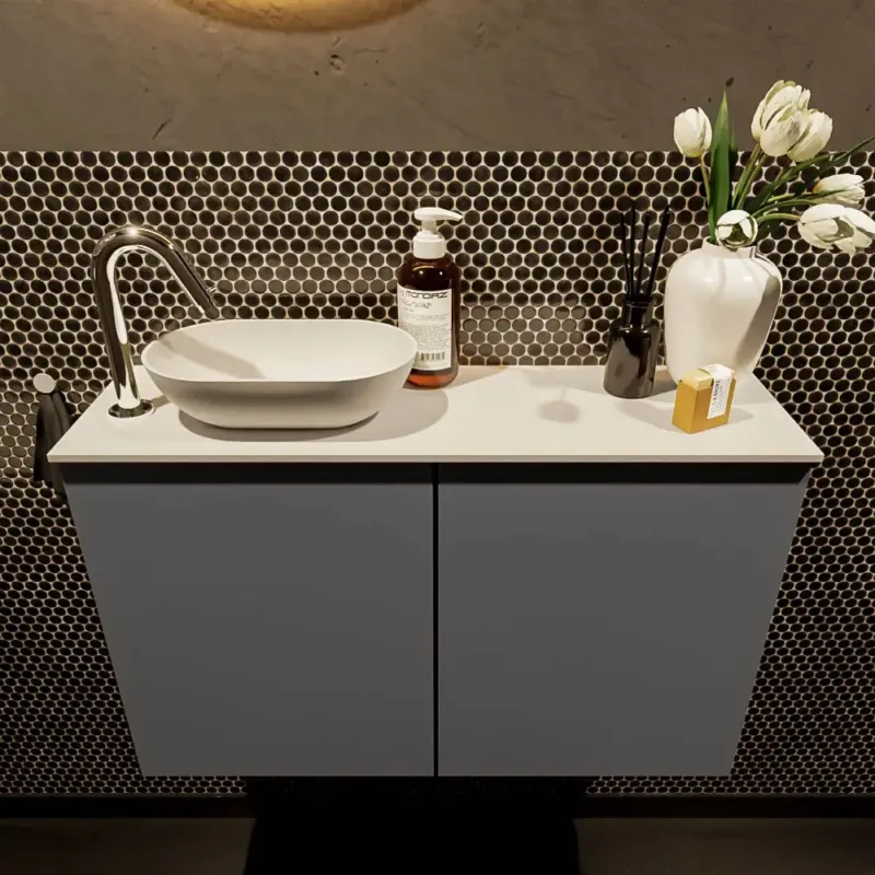 Mondiaz Fowy toiletmeubel 80cm dark grey met witte waskom links en kraangat Favoriet