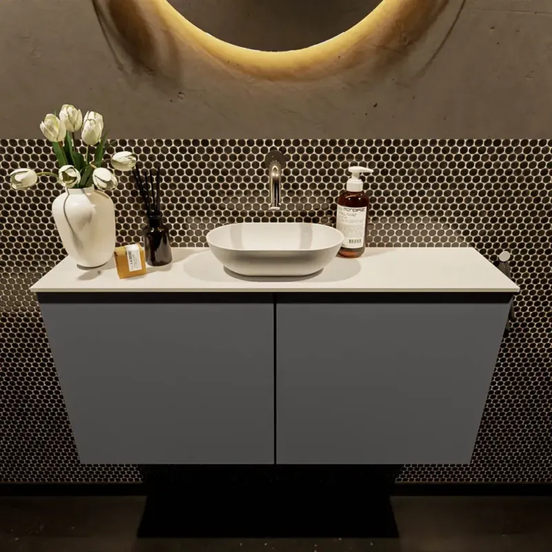 Voordeelprijs Mondiaz Fowy toiletmeubel 100cm dark grey met witte waskom midden zonder kraangat