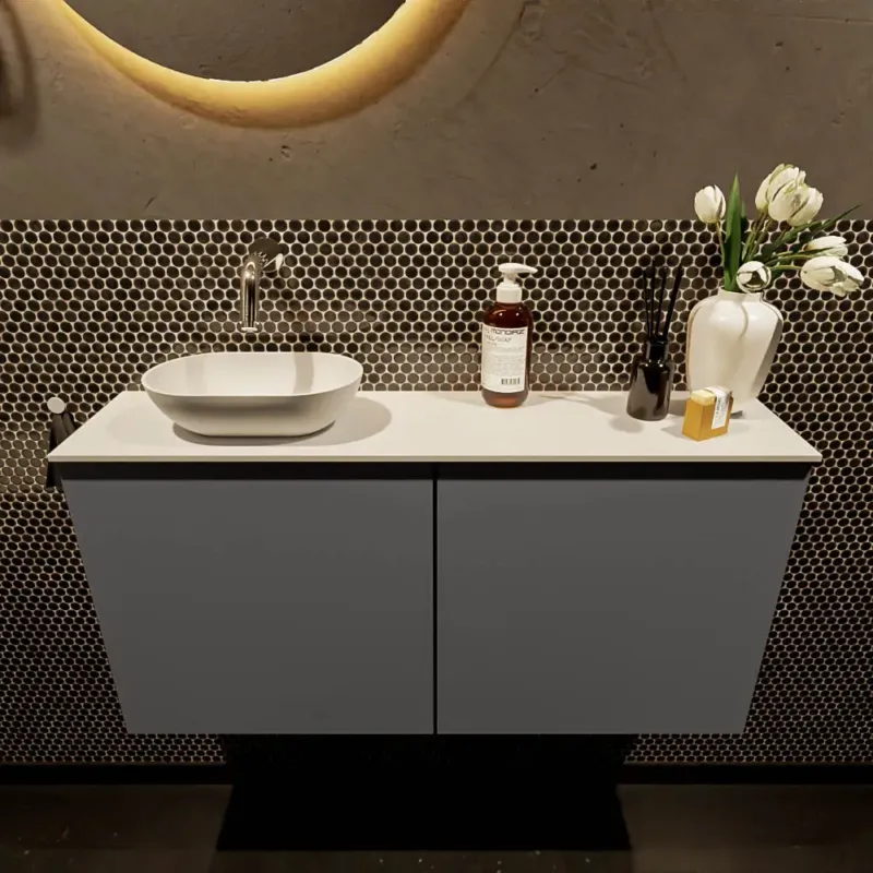 Premium Mondiaz Fowy toiletmeubel 100cm dark grey met witte waskom links zonder kraangat