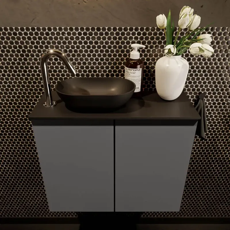 Actieprijs Mondiaz Fowy toiletmeubel 60cm dark grey met zwarte waskom links en kraangat