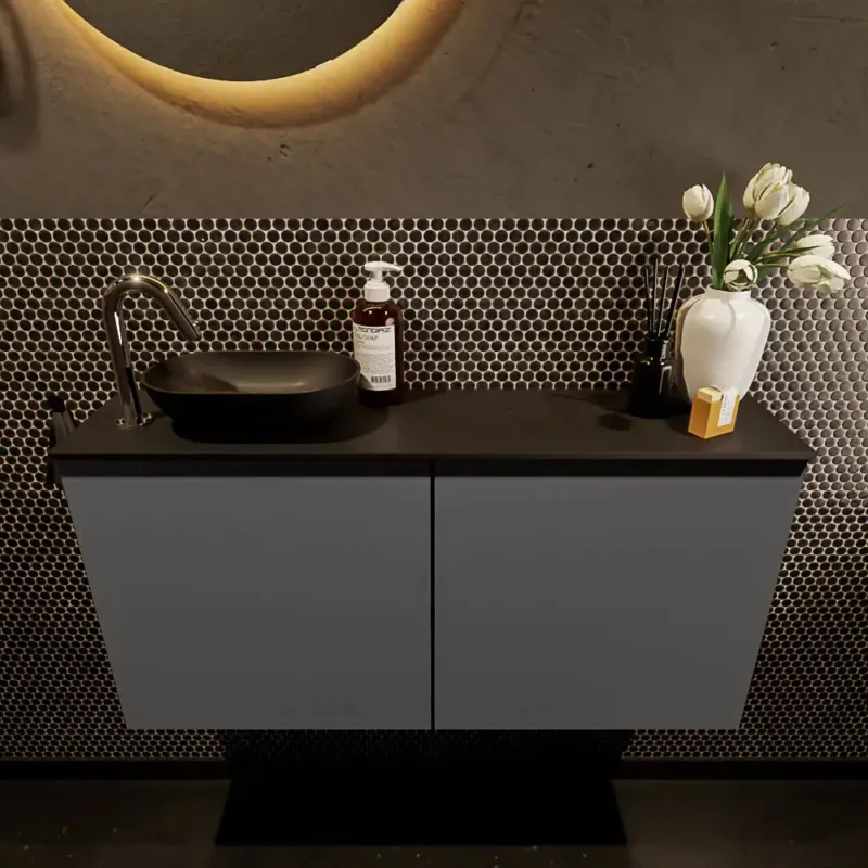 Veilige Betaling Mondiaz Fowy toiletmeubel 100cm dark grey met zwarte waskom links en kraangat