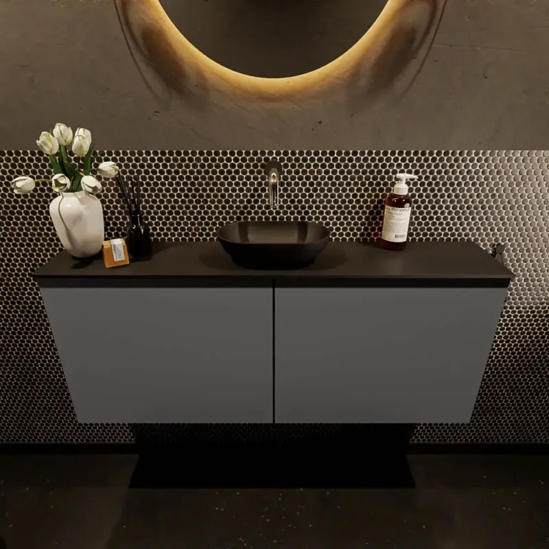 Voordeelprijs Mondiaz Fowy toiletmeubel 120cm dark grey met zwarte waskom midden zonder kraangat