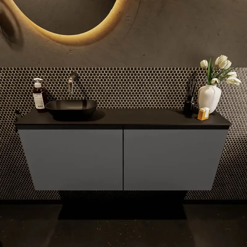 Must-Have Mondiaz Fowy toiletmeubel 120cm dark grey met zwarte waskom links zonder kraangat