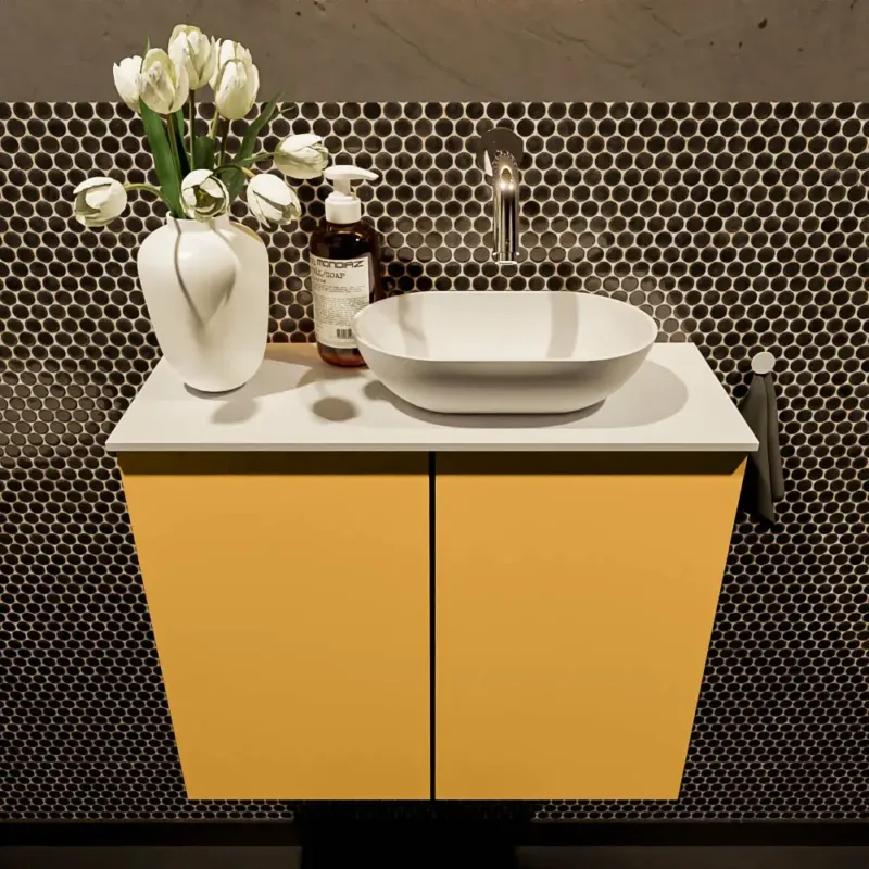 Seizoensaanbieding Mondiaz Fowy toiletmeubel 60cm ocher met witte waskom rechts zonder kraangat