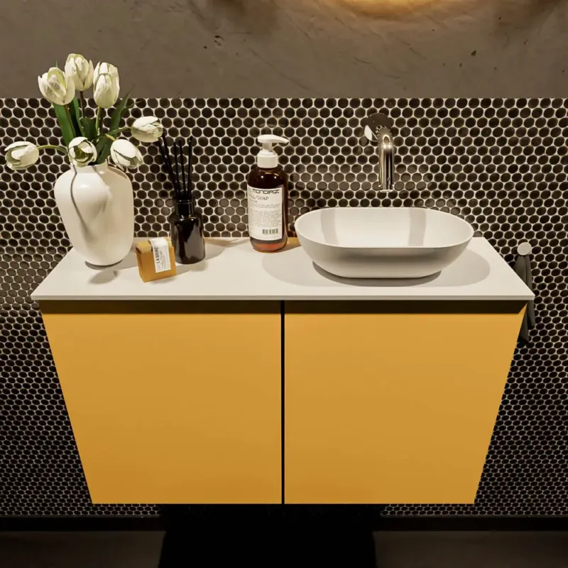 Premium Mondiaz Fowy toiletmeubel 80cm ocher met witte waskom rechts zonder kraangat