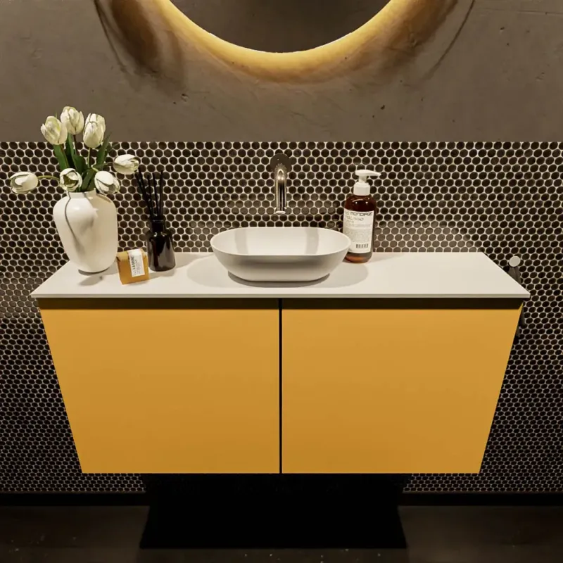Uitverkoop Mondiaz Fowy toiletmeubel 100cm ocher met witte waskom midden zonder kraangat