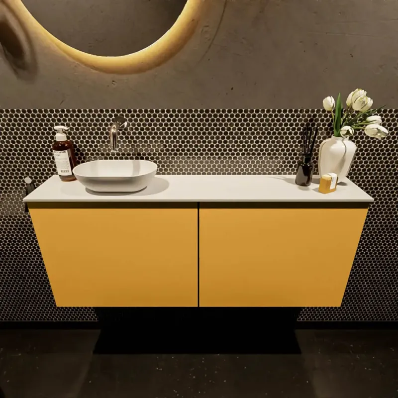 Must-Have Mondiaz Fowy toiletmeubel 120cm ocher met witte waskom links zonder kraangat