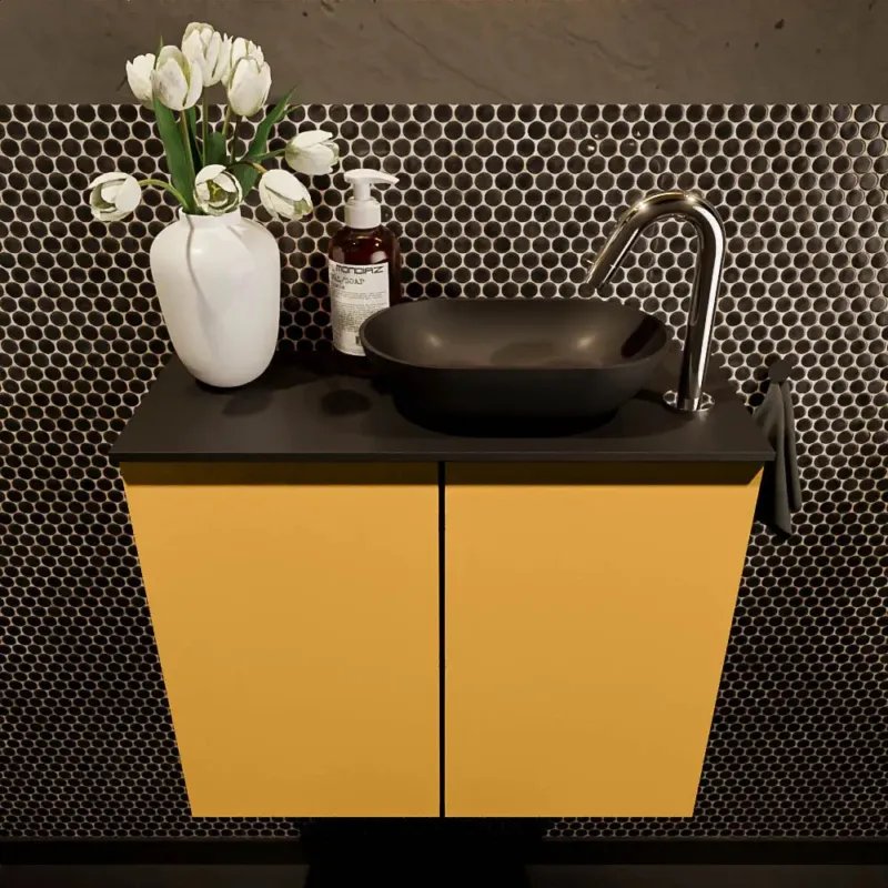 Speciale Aanbieding Mondiaz Fowy toiletmeubel 60cm ocher met zwarte waskom rechts en kraangat