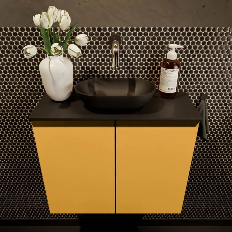 Speciale Aanbieding Mondiaz Fowy toiletmeubel 60cm ocher met zwarte waskom midden zonder kraangat