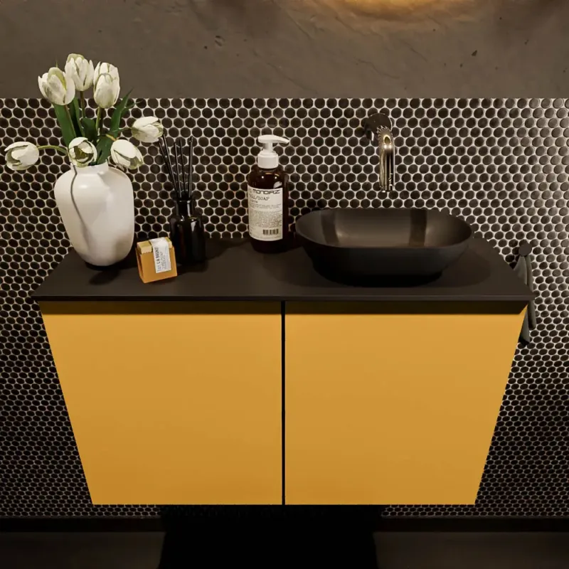 Must-Have Mondiaz Fowy toiletmeubel 80cm ocher met zwarte waskom rechts zonder kraangat