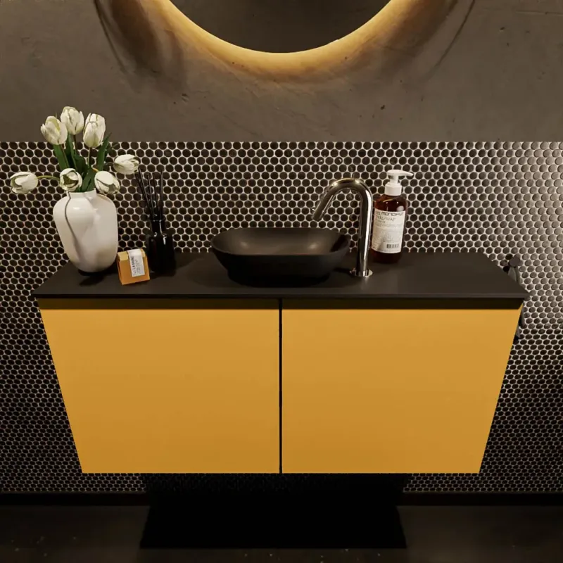 Speciale Aanbieding Mondiaz Fowy toiletmeubel 100cm ocher met zwarte waskom midden en kraangat